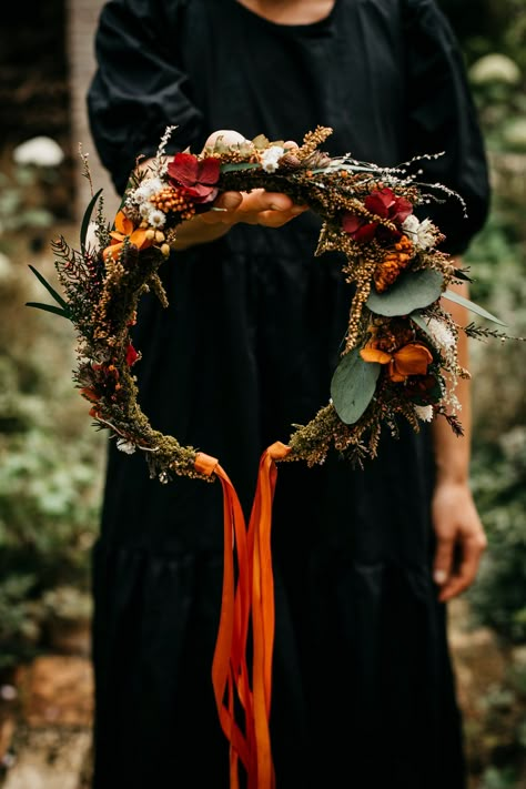 Wild wonderful wreath in orange burgundy ivory brown and eucalyptus-green tones, made of nice preserved and dried flowers and plants with various kinds of preserved eucalyptus. Organic materials only. What are preserved plants and flowers? https://www.etsy.com/shop/LaviAccessories#faq ALMA series: https://etsy.me/3i8rP6Q - bouquet: https://etsy.me/39rKx5y - buttonhole: https://etsy.me/3bBUiAM - wreath: https://etsy.me/3bzVbd4 - ring: https://etsy.me/3slVq1k This floral crown is perfect for a boh Autumnal Flower Crown, Autumn Flower Crown, German Wedding Traditions, Fall Crown, Fall Flower Crown, Wreath Crown, Flower Head Wreaths, Flower Wreath Hair, German Wedding