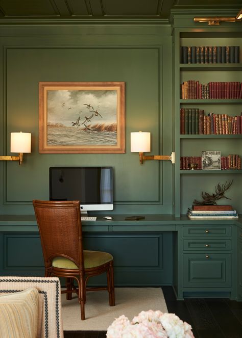 Pasadena - Transitional - Home Office - Los Angeles - by Daniel Jason Cordova, LLC | Houzz Green Home Office Ideas, Home Library Study, Green Home Office, Green Home Offices, Transitional Home Office, Small Space Nursery, Traditional Eclectic, Office Vibes, Office Built Ins