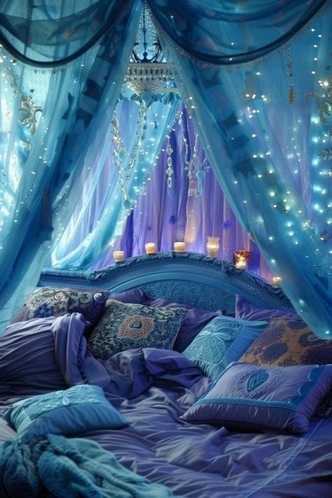 Jewel Tone Bedroom, Canopy Bed Ideas, Fancy Bedroom, Amazing Bedroom Designs, Fairytale Decor, Dream Bedroom Inspiration, Fantasy Bedroom, Intimate Space, Blue Bedroom Decor