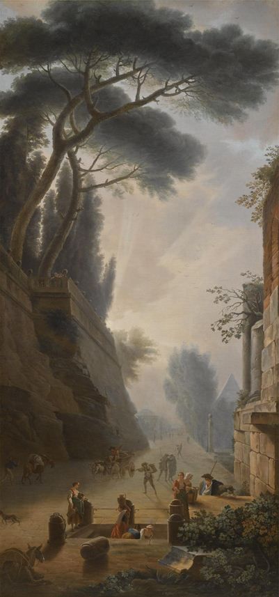 Circle of Hubert Robert A CAPRICCIO VIEW OF ROME WITH FIGURES LOADED WITH AMPHORAE, THE PYRAMID OF MUCIUS SCAEVOLA IN THE DISTANCE oil on canvas 220 by 108 cm.; 86 5/8 by 42 1/2 in. Roman Ruins Aesthetic, Roman Wallpaper, Steampunk Castle, Roman Landscape, Ancient Greece Aesthetic, Hubert Robert, Neoclassical Art, Greek Paintings, Anatomy Sculpture