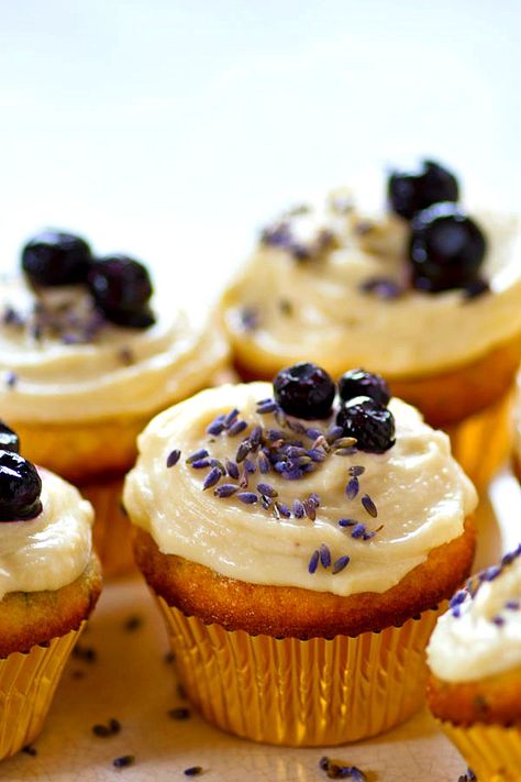 Fragrant lavender and juicy blueberries join forces in these SUPER soft blueberry lavender cream cheese cupcakes crowned with a silky cream cheese frosting. Lavender Cupcakes, Blueberry Lavender, Cream Cheese Cupcakes, Chocolate And Vanilla Cake, Blueberry Cupcakes, Lavender Cream, Culinary Lavender, Single Serve Desserts, Healthy Cake Recipes