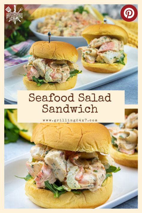 Seafood Sandwich, Vegan Chickpea Salad, Seafood Sandwiches, Easy Grilling Recipes, Summer Cookout, Vegan Chickpea, Potato Roll, Shellfish Recipes, Crab Salad