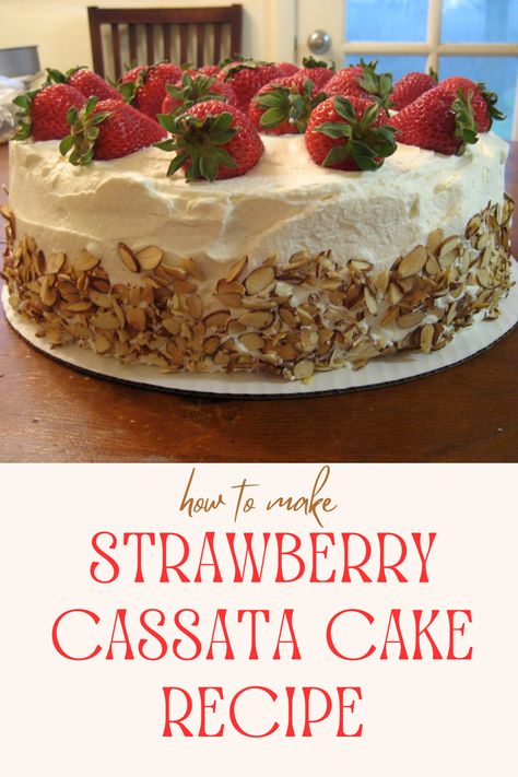 The Strawberry Cassata Cake is a delightful Italian dessert featuring layers of sponge cake soaked in liqueur, filled with ricotta cheese and candied fruit, and topped with fresh strawberries and whipped cream. Perfect for special occasions! Italian Strawberry Cake, Strawberry Rum Cake, Italian Cakes Traditional, Fresh Strawberry Cake Filling, Strawberry Cassata Cake, Casada Cake Recipe, Italian Cassata Cake Recipe, Casata Cake, Strawberry Filling For Cake