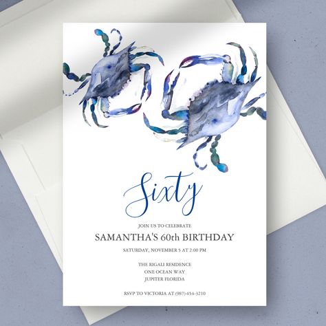 Celebrate a milestone birthday with our elegant and customizable 60th Birthday Invitations! Choose from a variety of designs to make the perfect invite for the special occasion. 🎉✨ #60thBirthday #BirthdayInvitations #CustomInvites #MilestoneBirthday #PartyTime #CelebrateSixty #BirthdayParty #PersonalizedInvitations #SpecialCelebration #MakeItMemorable Crab Painting, Beachy Chic, Invitation Frames, Crab Boil, Summer Party Invitations, Bday Invitations, 60th Birthday Invitations, Wedding Stationery Suite, 50th Birthday Invitations