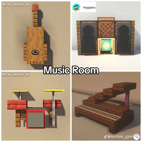 Minecraft Interior Furniture, Minecraft Wall And Floor Ideas, Minecraft Room Building Ideas, Minecraft Music Room Ideas, Minecraft Musical Instruments, Minecraft Furniture Store, Game Room Minecraft, Minecraft Job Stations, Minecraft Reception Desk Ideas