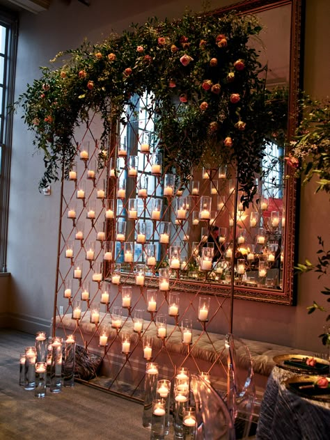 I Do! Wedding Soiree | Jan 29, 2019 Photo: Civic Photos Venue: Corinthian Houston Backdrop, Decor: RaoFactor #candle #candlelight #backdrop #altar #wedding #reception #ceremonydecor #decor #unique #green #ivy #gold #ceremony Green Wedding Stage Decor, Decorations For Events, Backdrop With Candles, Altar Backdrop, Candle Decor Ideas, Unique Engagement Decorations, Wedding Green Decoration, Candle Party Decor, Wedding Candle Decorations