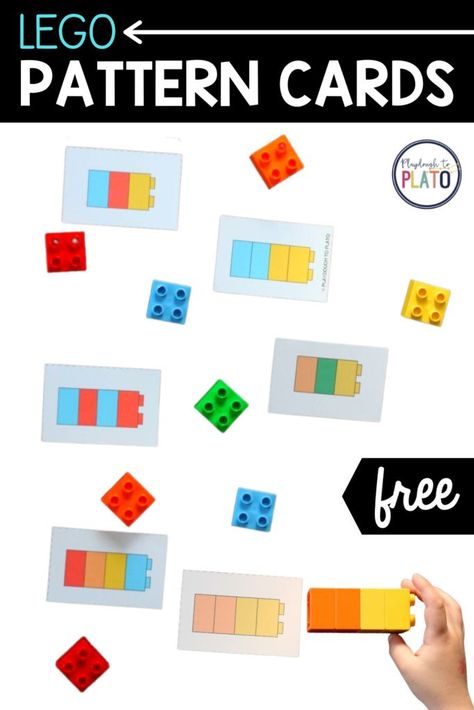 These Lego pattern cards are perfect for a toddler, pre k and kindergarten kids! Kids will love building with legos and growing their math brains at the same time! Knowing patterns is a foundation skill for math problem solving and this is an easy prep, engaging activity for young learners. #legomath #patterns #legopatterns Lego Activity Cards, Duplo Pattern Cards Free Printables, Duplo Activities Preschool, Lego Activities For Preschoolers, Duplo Lego Ideas Free Printable, Lego Math Kindergarten, Lego Provocations, Pattern Crafts For Kindergarten, Preschool Lego Activities