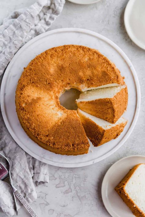 Overhead photo of angel food cake with multiple pieces sliced off of it. Fantastic Dessert, Homemade Angel Food Cake, Minimalist Food, Recipes Summer, Cake Photography, Food Photography Inspiration, Angel Food Cake, Chiffon Cake, Food Cake