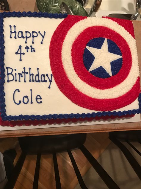 Avengers Sheet Cake Ideas, Captain America Sheet Cake, Cartoon Cakes For Kids, Captain America Party Ideas, America Birthday Cake, Boy Birthday Cake Ideas, Captain America Birthday Cake, 31st Birthday Party, Avenger Party