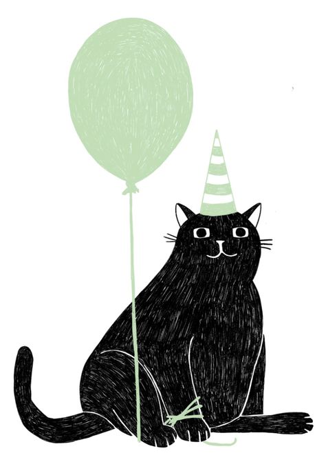 Birthday Animal Illustration, Postcard Happy Birthday, Birthday Cat Drawing, Black Cat Birthday, Cat Garland, Dancing Drawing, Hanging Balloons, Happy Birthday Drawings, Thirtieth Birthday