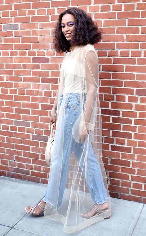 Solange Knowles from Best Celeb Street Style From NYFW Spring 2017  An easy way to dress up your go-to denim? Throw sheer layer over top just like Bey's baby sis did here. Mesh Dress Over Pants, Tulle Dress Over Jeans, Sheer Dresses Outfit, Nude Heels Outfit, Saint Heron, Sheer Trend, Outer Organza, Solange Style, Steph Shep