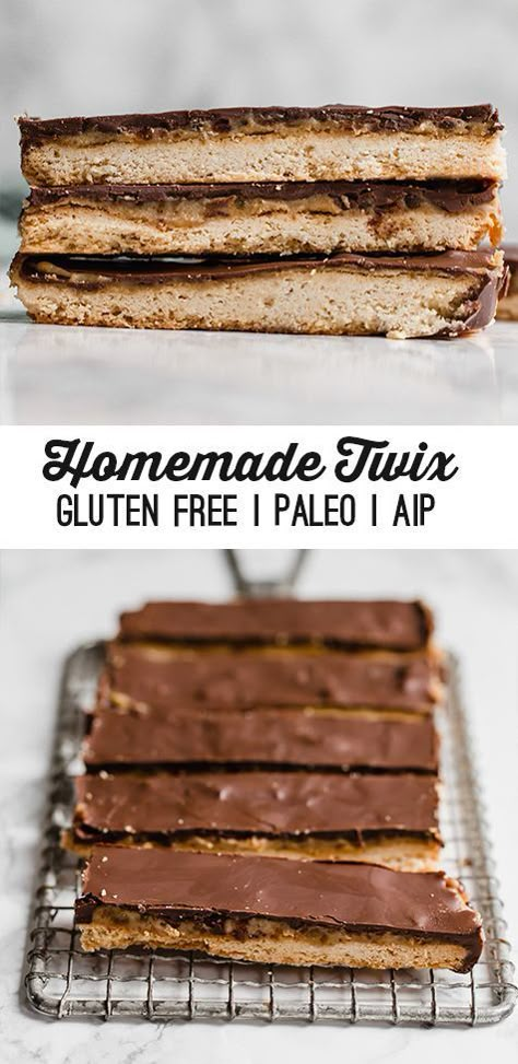 These paleo copycat Twix bars are a healthier alternative to a classic candy! They're nut-free, made with real food ingredients, and can be made AIP-friendly. Paleo Twix Bars, Aip Bars Recipe, Paleo Twix, Aip Treats, Aip Baking, Gf Sweets, Aip Diet Recipes, Twix Bars, Unbound Wellness