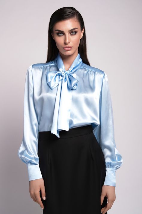 blouse, baby blue blouse, blouse outfit, blouse outfit ideas, blouse outfit inspo, blouse outfit inspiration, womens shirt, womens blouse, silk blouse, silk outfit, silk bloue inspiration, silk blouse inspo Baby Blue Blouse Outfit, Outfit Ideas Blouse, Blue Blouse Outfit, Blouse Outfit Ideas, Silk Blouse Outfit, Satijnen Blouses, Outfit Blouse, Satin Clothes, Blouse Silk