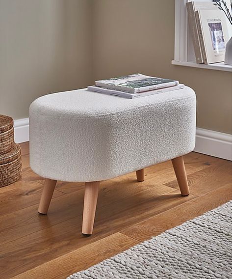 Cream And Gold Living Room, Boucle Stool, Small Footstool, Cream Living Rooms, Gold Living Room, Storage Stool, Foot Stool, Gray Sofa, Natural Home Decor