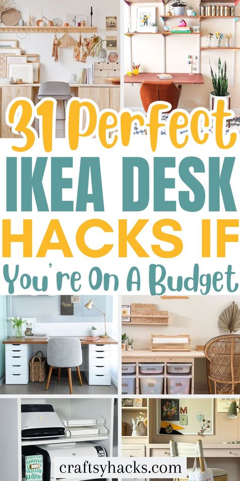 Try these genius IKEA desk hacks to organize office with absolute ease. You'll have a decluttered home and plenty of space to be creative. These simple storage hacks are beautiful and functional - give these organizing ideas a try! Ikea Craft Desk Hack, Ikea Desk Shelf Ideas, Filing Cabinet Desk Ideas, Tiktok Desk Aesthetic, Ikea Cube Desk Hack, Kallax Ikea Desk Ideas, Diy Bookshelf Desk Combo, Organize House Declutter, Diy Work Station Desk