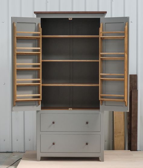 Freestanding Kitchen Furniture, Oak Drawers, Kitchen Larder Cupboard, Painted Pantry, Small Kitchen Pantry, Kitchen Pantry Cupboard, Brass Shelf, Kitchen Larder, Larder Unit