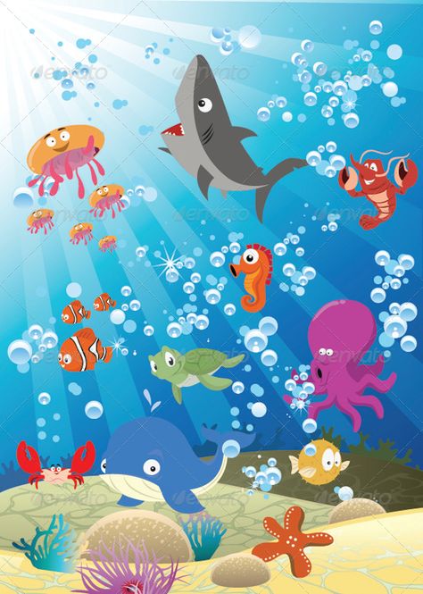 Sea Animals  #GraphicRiver         Vector and cartoon illustration. Cute sea animals in the ocean. Editable EPS Illustrator CS2 598×843 JPG.     Created: 11September13 GraphicsFilesIncluded: JPGImage #VectorEPS #AIIllustrator Layered: Yes MinimumAdobeCSVersion: CS Tags: beautiful #oceananimals #seaanimals Cartoon Ocean Animals, Animals In The Ocean, Ocean Cartoon, Cute Sea Animals, Cartoon Sea Animals, Animals Sea, Bawah Air, Underwater Scene, School Wall Art