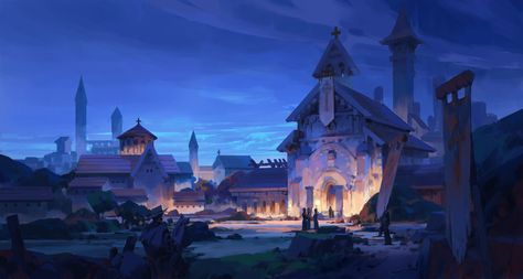 ArtStation - Medieval church in night time, TAEYOUNG KIM Vila Medieval, Night Architecture, Medieval Church, Environment Painting, Fantasy Town, Night Illustration, Stormy Sky, Fantasy Background, Night Background