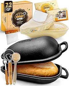 CRUSTLOVE Cast Iron Bread Pan with Lid - incl. Sourdough Bread Baking Supplies like Banneton Bread Proofing Basket - 7.2QT Bread Oven Dutch Oven for Bread Baking Cast Iron Pan Scoring Tool Lame Cast Iron Bread Pan, Cast Iron Bread, Bread Proofing Basket, Buttermilk Bread, Bread Proofing, Artisan Breads, Gift Ideas For Anyone, Cast Iron Skillets, Bread Oven