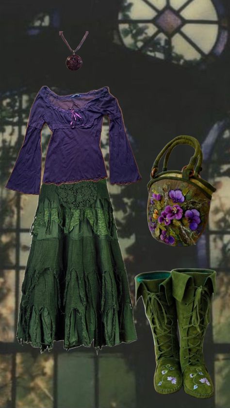 #whimsigoth #nature #outfitinsporation #green #purple Green Whimsigoth, Winter Hippie, Whimsical Gothic, Dark Look, The Mystic, Oc Inspo, Green Witch, Purple And Green, Fun Fashion