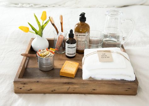 Welcome them with a Guest Tray | Magnolia Homes | Bloglovin’ Guest Tray, Organised Lifestyle, Hotel Proposal, Rental Portfolio, Guest Basket, Air Band, Guest Room Essentials, Bed Tray, Guest Room Decor