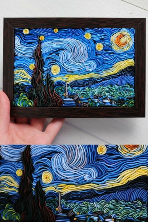 Quilling Clay Painting, Clay Art Polymer, Clay Quilling, Clay Artwork, Clay Painting, Polymer Clay Painting, Arte Quilling, Starry Night Art, Yarn Painting