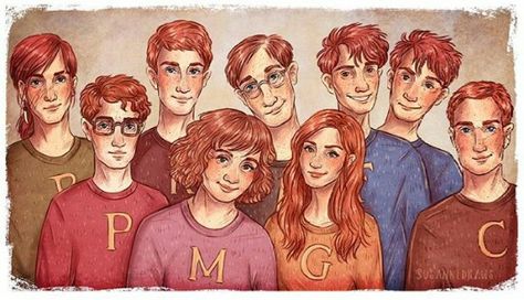 The Weasley family Art by: SusanneDraws on tumblr! Weasley Jumper, George Percy, Fanart Harry Potter, Blue Jumpers, Scorpius And Rose, Weasley Family, Conjoined Twins, Harry Potter Illustrations, Theme Harry Potter