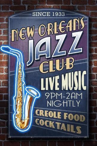 size: 18x12in Art Print: New Orleans, Louisiana - Jazz Club by Lantern Press : New Orleans Jazz Club, Homecoming 2022, New Orleans Decor, Arte Jazz, Vintage Signage, Booth Inspiration, Louisiana Style, Trumpet Player, New Orleans Jazz