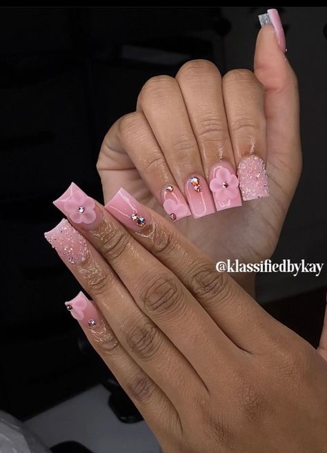 Square Tip Nails Short, 26th Birthday Nails Short, Short Set Acrylic Nails Pink, Short Pink Nail Inspo Acrylic, Short But Extra Nails, Pink Bling Nails Short, Rhinestones On Short Nails, Valentines Day Nails Shorties, Short Acrylic Nails Rhinestones