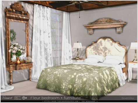 The Sims Resource - Fleur bedroom Pt.I furniture Sims 4 Cc Bedroom, Cool Bedroom Decor, Sims 4 Bedroom Cc, Living Room Sims 4, Fancy Bed, Sims 4 Beds, Royal Bed, Royal Bedroom, Resource Furniture