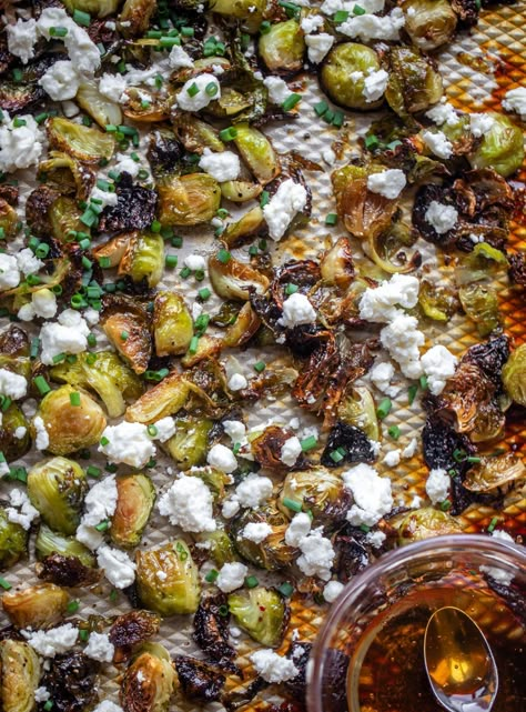 Hot honey brussels sprouts are the perfect side dish! Crispy brussels sprouts that are sweet & spicy, topped with feta and chives. So delicious enough to eat right off the pan. Hot Honey Recipes, Honey Brussel Sprouts, Crispy Brussels Sprouts, Autumn Side Dishes, Side Dishes Salads, Roasted Brussels Sprouts, Brussel Sprout Salad, Sprout Recipes, Brussels Sprouts Recipe