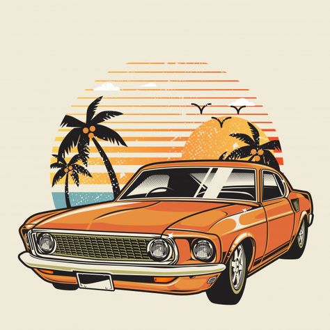 Classic car on the beach | Premium Vector #Freepik #vector Classic Cars Drawing, Cute Car Illustration, Retro Car Drawing, Classic Car Drawing, Car Illustration Art, Retro Car Illustration, Drawings Of Cars, Vintage Car Illustration, Auto Illustration