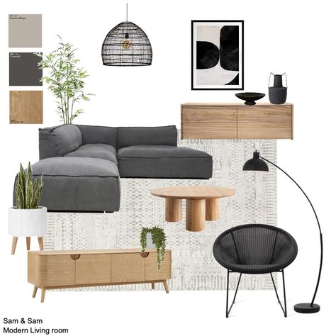 Modern - Living Urban Chic Living Room Decor, Beige Grey And Black Living Room, Black White Grey Living Room Ideas, Japandi Living Room Grey Sofa, Grey Couches Living Room Decor, Light Grey Sofa Living Room Ideas, Black And Grey Living Room, Tapestry Beige, Open Concept Kitchen Living Room Layout