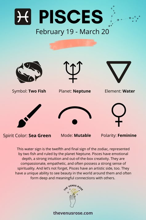 This water sign is the twelfth and final sign of the zodiac, represented by two fish and ruled by the planet Neptune. Pisces season takes place from February 19 to March 20. Pisces have emotional depth, a strong intuition and out-of-the-box creativity. #pisces #piscesseason #piscesastrology #piscestraits Pisces Planet, Pisces February, Neptune Pisces, What Pisces Thinks Of The Other Signs, March Pisces Woman, February Pisces Vs March Pisces, Facts About Pisces, Dark Pisces, Zodiac Sign Pisces