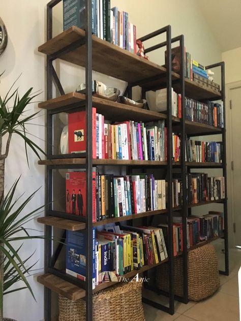 Wood And Metal Library, Music School Design, Luxury High Rise Apartment, Industrial Library, Industrial Design Living Room, Metal Library, Wood Metal Furniture, Record Album Storage, High Rise Apartment