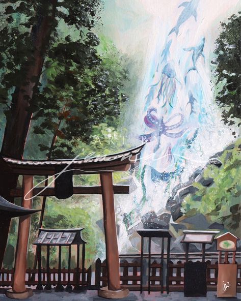 This artwork, 'Torii of the Sea', is a print of an original acrylic painting by Japan/UK-based artist, Jenna Wallace.  "The Kumano-Nachi Taisha is a Shinto Shrine that lies in Wakayama. Having never visited this spiritual place, I imagined how it would feel to stand below this majestic waterfall. To me, the waterfall looked just as if it was a gateway to the heavens. The nature of the water allowed me to imagine a connection to the sea with wonderful sea animals swimming, elegantly, upstream." Animals Swimming, Majestic Waterfall, The Sea Painting, Japanese Shrine, Shinto Shrine, Wakayama, Sea Painting, Sea Animals, Japanese Art