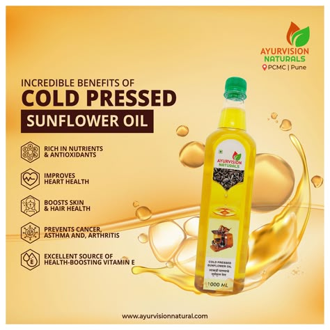 Every drop of Ayurvision Naturals Cold- Pressed Sunflower Oil is as pure as nature! 9975242120/ 9975862120. www.ayurvisionnatural.com. . . #ayurvisionnaturals #spirich #coldpressedoil #coldpressedoils #organic #healthyfood #healthylifestyle #healthyoils #healthyeating #goodfood #noprocessing #unprocessedfood #freeradicals #eatwholefoods #foodie #instafoodie #foodquality #knowyourfood #healthycookingoil #chemicalfreelife #chemicalfree #pune #pimprichinchwad #pure #eathealthy #stayhealthy Cooking Oil Poster Design, Oil Social Media Design, Nat Habit, Pressed Sunflower, Healthy Cooking Oils, Grocery Ads, Ads Creative Advertising Ideas, Oil Paper, Cold Pressed Oil