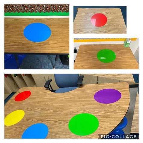 Circle Classroom Tables, Preschool Carpet Spots, Classroom Carpet Spots, Prek Desk Decals, Table Group Numbers Classroom, Dry Erase Table, Reading Table, Math Stations, Kindergarten Classroom