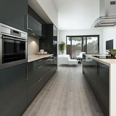 Maida gloss dark grey can create a modern look for any kitchen  http://www.moores.co.uk/Definitive-Kitchens/Range-Selection/Maida/127/Gloss%20Dark%20Grey/2/8 Contemporary Grey Kitchen, Dark Grey Kitchen Cabinets, Light Grey Kitchen Cabinets, Modern Grey Kitchen, Light Grey Kitchens, Modern Kitchen Design Grey, Серая Кухня, Grey Kitchen Designs, Dark Grey Kitchen