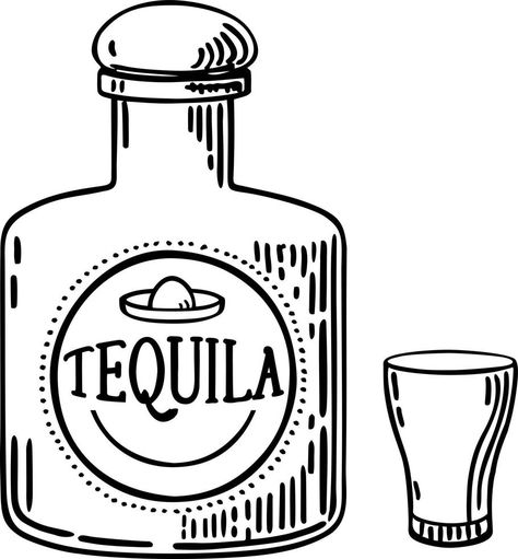 Hand drawn bottle of tequila with a glass. Glass Bottle with strong drink. Vintage Mexican tequila badge. Hand Drawn engraved sketch for t-shirt. Vector illustration, ink sketch Drinking Alcohol Drawing, Patron Bottle Drawing, Tequila Bottle Tattoo, Drinking Drawing Alcoholic, Tequila Bottle Drawing, Tequila Drawing, Tequila Drawing Art, Alcohol Drawing, Alcohol Sketch