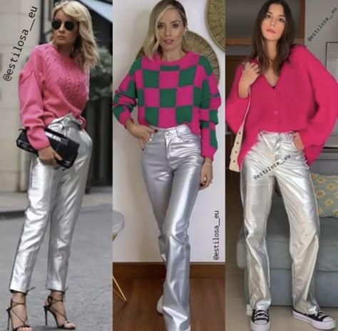 Style Silver Pants, Silver Pants Outfit Night, Silver Pants Outfit, Metallic Pants Outfit, Silver Trousers, Silver Outfit, Metallic Trousers, Silver Pants, Style At A Certain Age