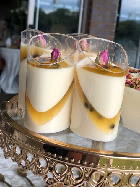 Vanilla Panacotta with a passion fruit Coulis and edible roses Vanilla Panacotta, Fruit Coulis, Edible Roses, Passion Fruit, Vanilla, Roses, Dessert, Fruit, Ethnic Recipes