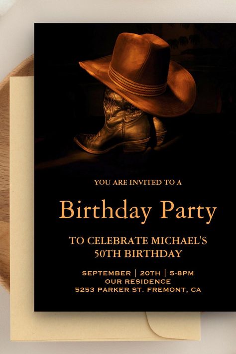 Rustic Cowboy Hat and Boots Birthday Party Invitation Vaquero Theme Party Invitations, Vaquero Invitations, Western Birthday Party Invitations, Vaquera Invitations, Western Invitations Template, Cowboy Theme Party For Adults, Boots Birthday Party, Cowboy Birthday Party Decorations, Magazines Design