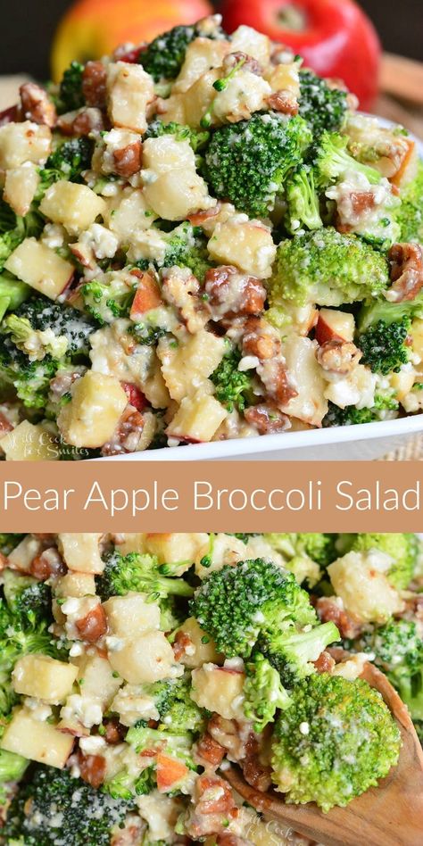 Pear Apple Broccoli Salad in a bowl collage Salad Pear, Apple Vinaigrette, Apple Broccoli Salad, Blue Cheese Crumbles, Broccoli Salad Recipe, Pear Salad, Cauliflower Salad, Cold Salad, Apple Salad