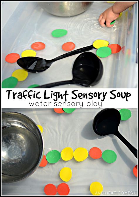 Traffic light inspired water sensory activity for kids from And Next Comes L Transportation Fine Motor Activities, Transportation Fine Motor, Community Helpers Sensory, Water Sensory Play, Community Helpers Activity, Preschool Transportation, Transportation Preschool Activities, Transportation Theme Preschool, Sensory Play Toddlers