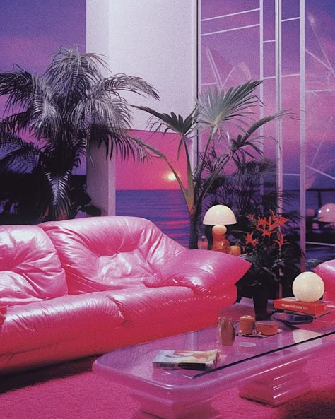 Neon Home Aesthetic, Miami Vice Interior, Miami 80s Aesthetic Decor, 80s House Decor, 80s Miami Aesthetic, 80s Couch, Miami Vice Aesthetic, 80s Penthouse, 80s Aesthetic Retro