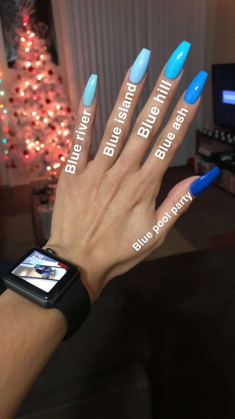 Different Shades Of Blue Nail Designs, Different Color Nails Blue Shades, All Shades Of Blue Nails, Blue Shades Nails Acrylic, Different Blues Nails, Different Shade Blue Nails, Shades Of Blue For Nails, Shades Of Blue Acrylic Nails, Different Shades Of Color Nails