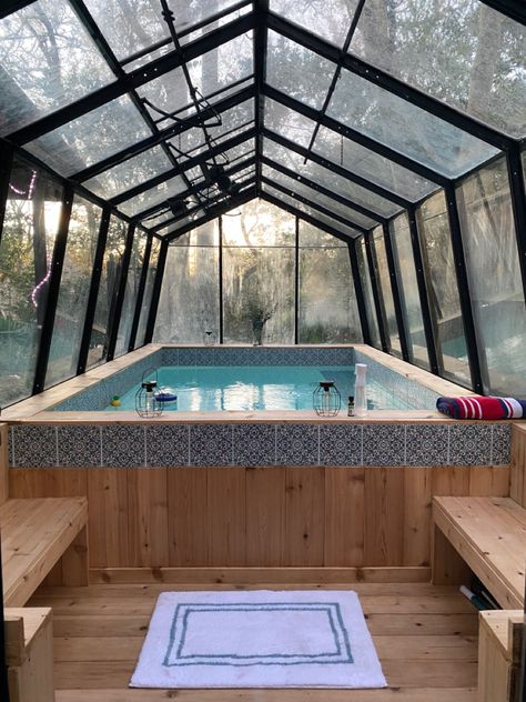 Hot Tub Inside Greenhouse, All Season Room With Hot Tub, Hot Tub In Sunroom, Hot Tub House Backyard, Tiny House With Hot Tub, Green House Sitting Area, Swim Spa In Greenhouse, Sunroom Hot Tub, Green House Hot Tub