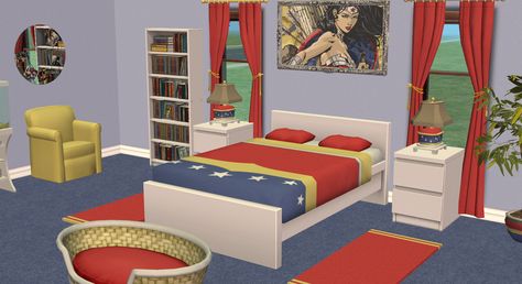 Wonder Woman themed bedroom including bedding, curtains, chairs, rugs, and more, for Sims of all ages Superhero Theme Bedroom, Superhero Bedroom, Theme Bedroom, Superhero Room, Themed Bedroom, Wonder Women, Woman Bedroom, Bird Theme, Superhero Theme