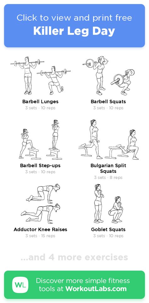 Killer Leg Day – click to view and print this illustrated exercise plan created with #WorkoutLabsFit Killer Legs Workout, Killer Leg Workout At Home, Smith Machine Workout, Killer Leg Workouts, Toned Legs Workout, Workout Labs, Leg Press Machine, Reps And Sets, Barbell Squat